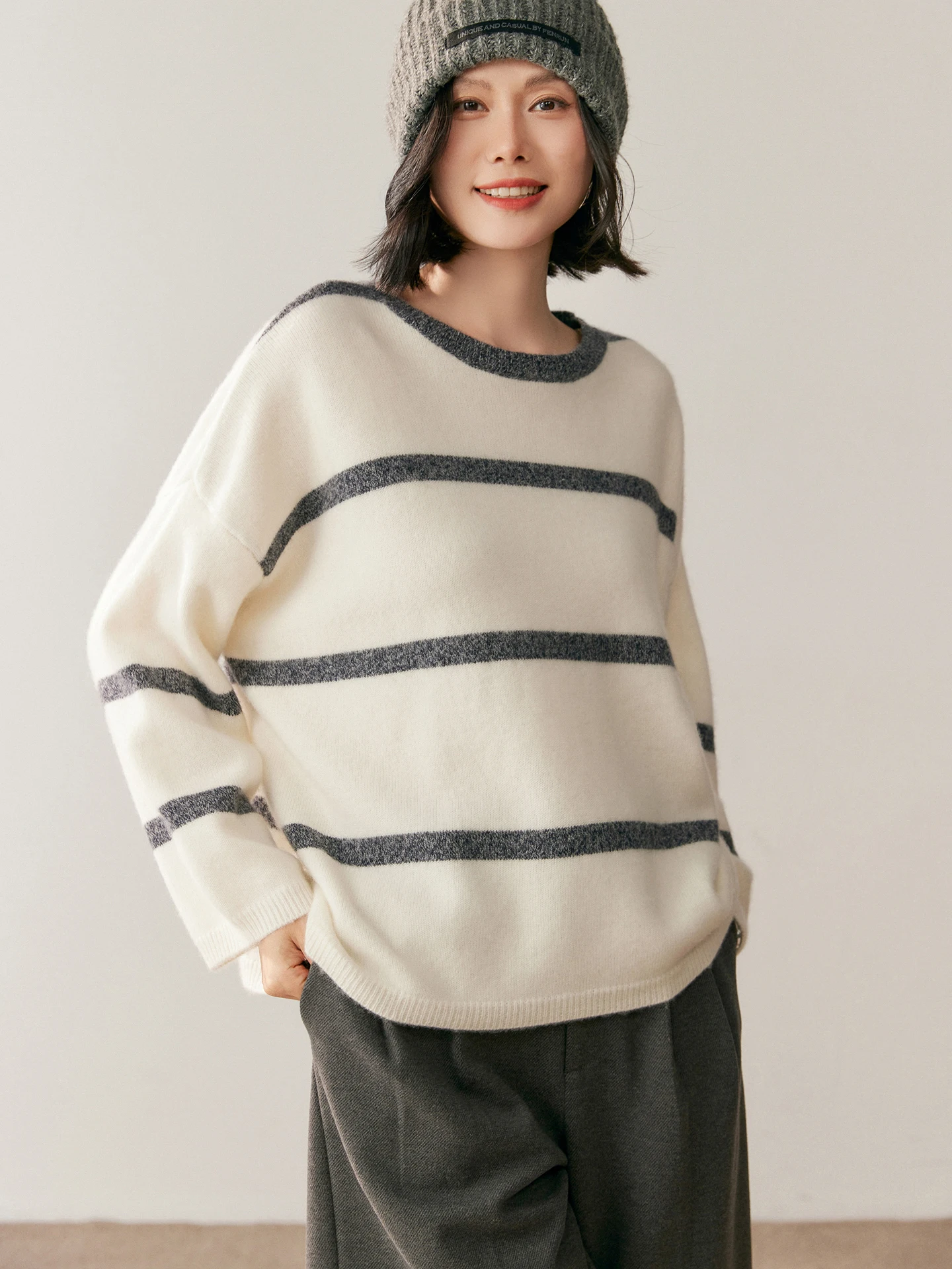 TLOML Women's O-neck Casual Loose Striped Pullover Sweater 100% Cashmere Knitwear Warm Lazy Comfy Design Autumn Winter Soft Tops