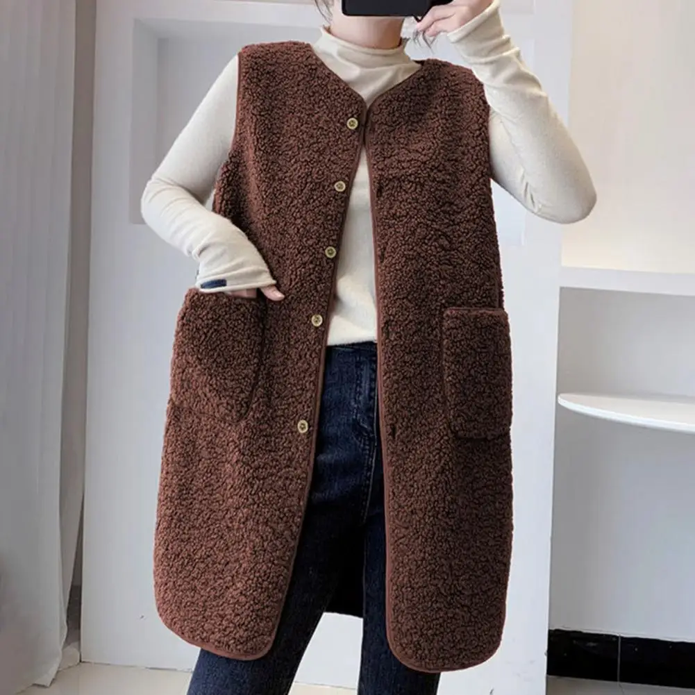 Women Vest Coat For Fall Winter Mid-length Round Neck Loose Sleeveless Waistcoat Thick Single-breasted Pockets Cardigan Outwear