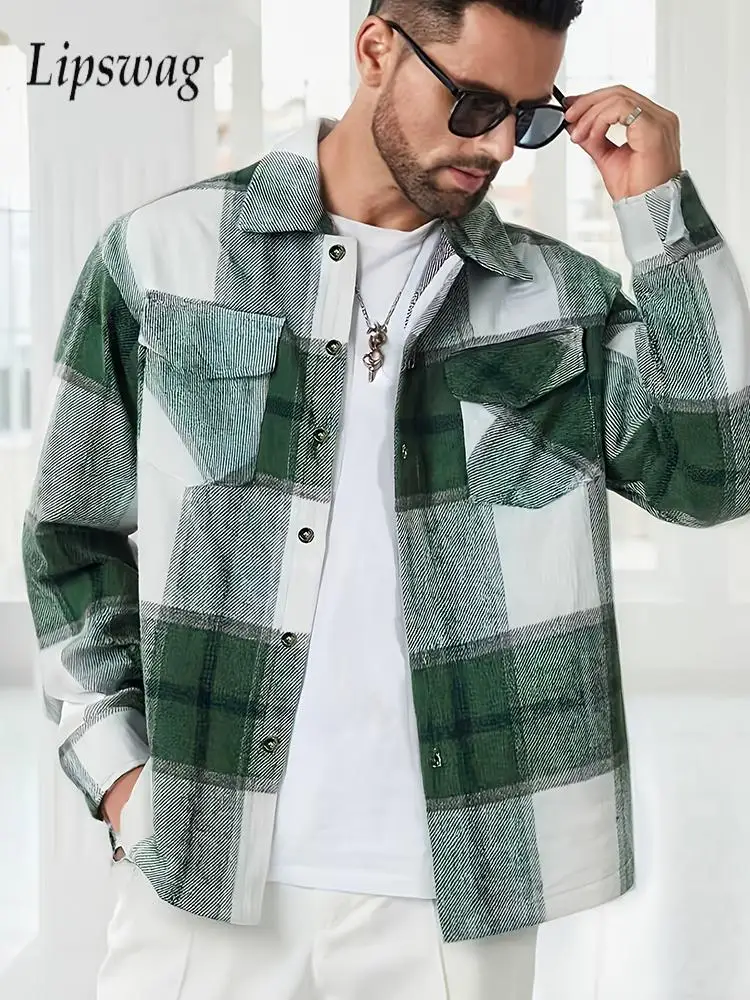 

Vintage Plaid Cargo Shirt Jacket Mens 2026 Spring Autumn Daily Casual Button-up Turn-down Collar Cardigans Men Stylish Outerwear