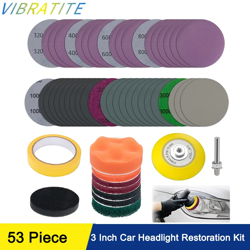 

3-дюймовый комплект для восстановления автомобильных фар, 53 шт. с хвостовиком 1/4 дюйма, опорной петлей и крючком, шлифовальная бумага, чистящие подушечки для полировки