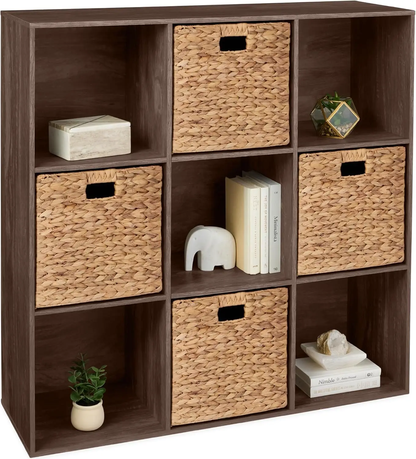 9-Cube Storage Organizer, 13.5in Shelf Opening, Bookcase, Display Shelf, Customizable w 3 Removable Back Panels – Walnut