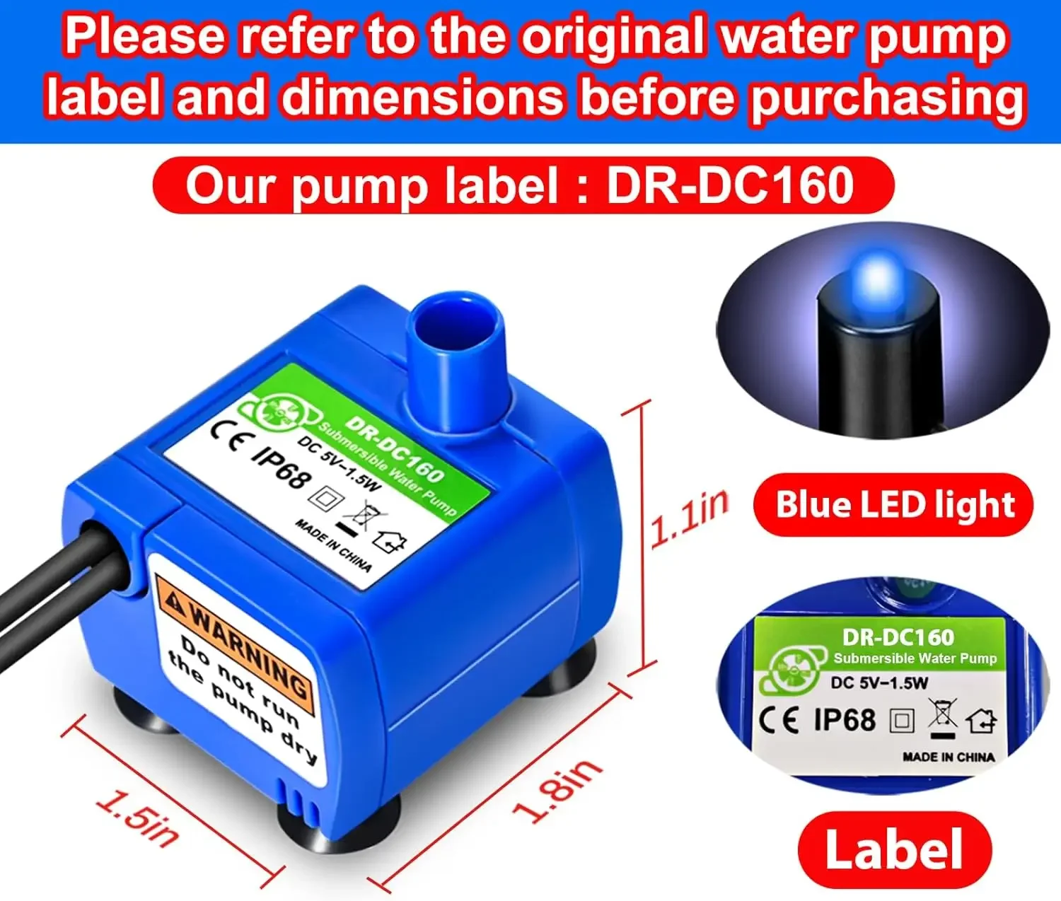 Cat Water Fountain Pump,Pet Fountain Pump No LED Light Replacement Pump DR-DC160 Motor for 360°Stainless Steel Cat Fountain and