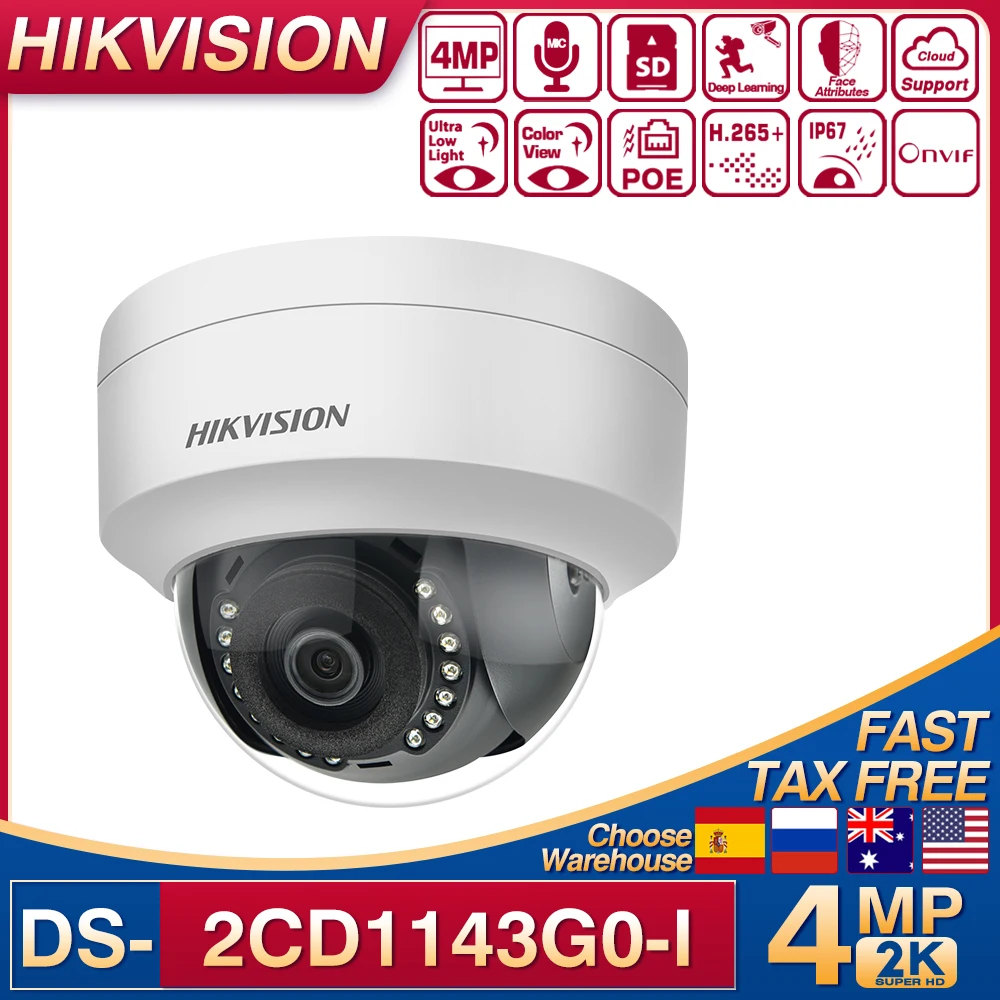 

Hikvision 4MP PoE DS-2CD1143G0-I IP Camera Night Vision IR30m IK10 Motion Detection H.265 P2P Onvif Network Dome CCTV Camera