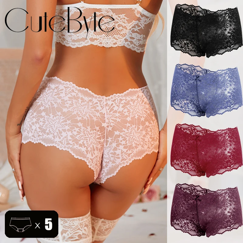 5Pcs Spitze Sexy Dessous Weibliche Low-Taille Atmungsaktive Dessous Aushöhlen Bequeme Unterhose Transparent Sexy Dessous S-XXL