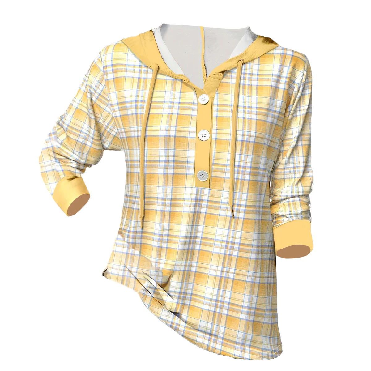 Plaid long-sleeved button-down drawstring hoodie top women