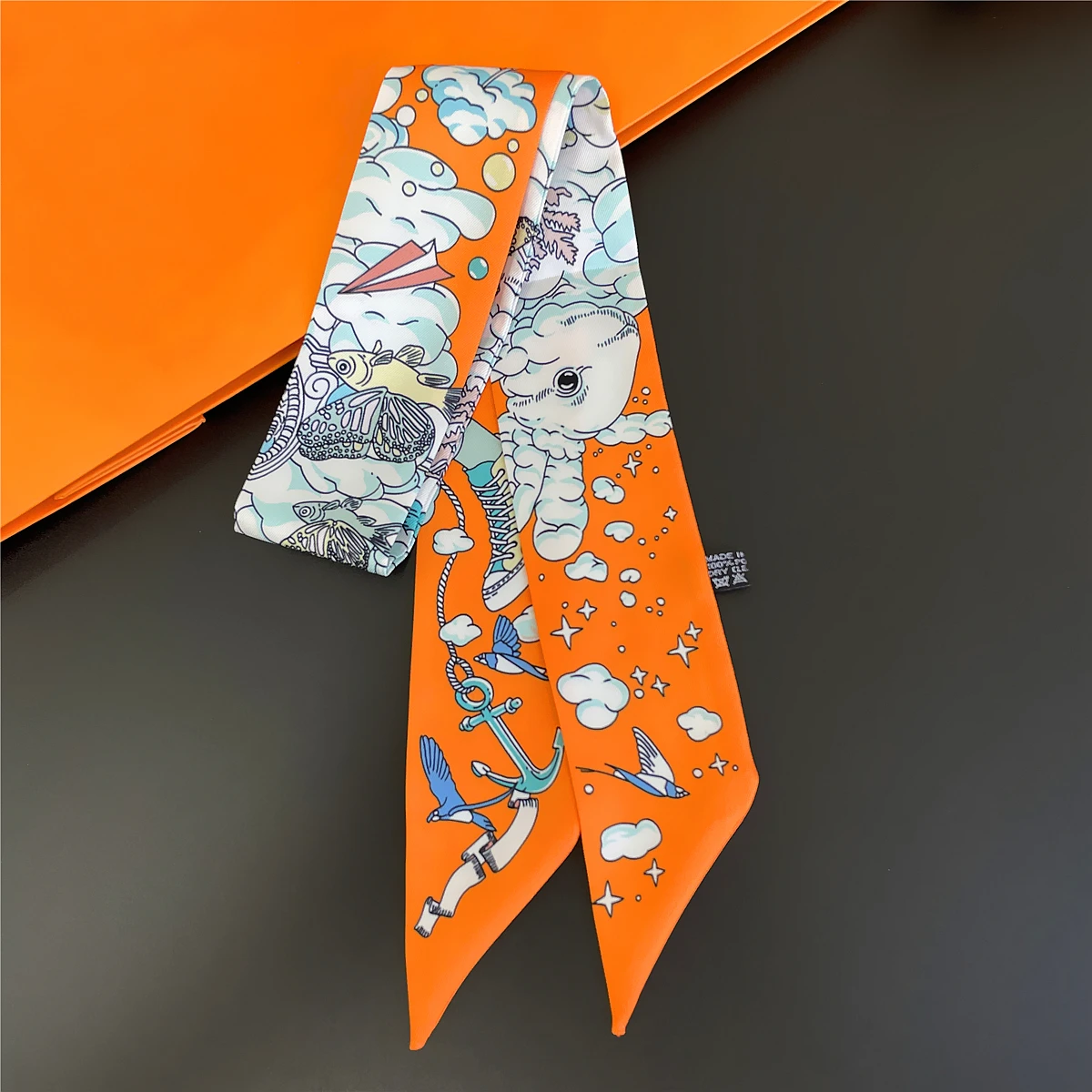 2024 Design Flying Fish Scarf Women Luxury Brand Silk Scarf Fashion Foulard Skinny Bag Scarves Hair Headband Neckerchief