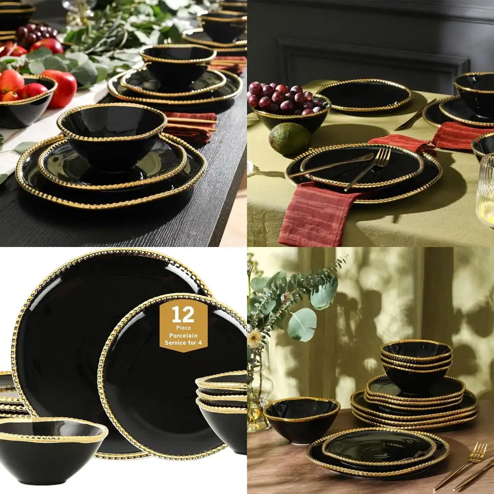 

12-Piece Siriano Akoya Porcelain Dinnerware Set, Elegant Black & Gold for 4, Plates and Bowls