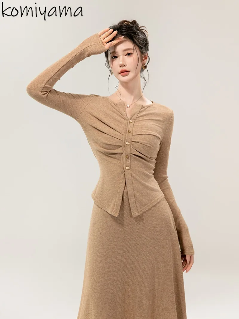 Gentle Fashion Two Piece Sets Women V-neck Pleated Long Sleeve Tops + High Waist Skirt 2025 Spring Autumn New Suit