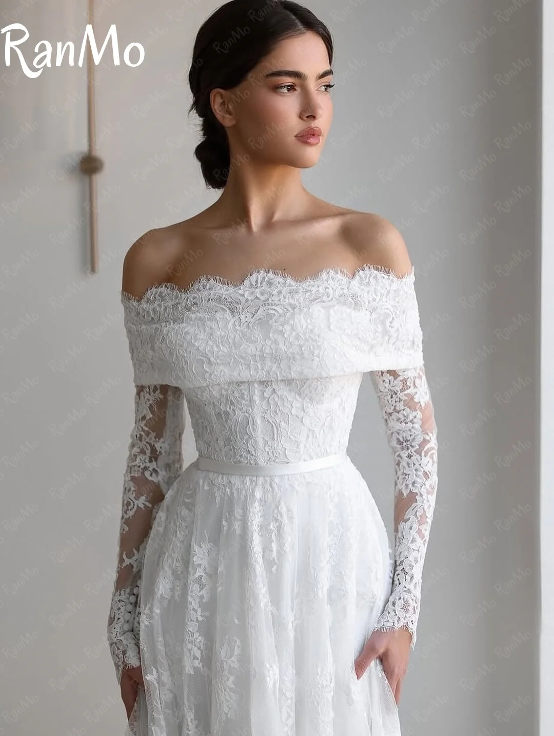 Ranmo Exquisite A-line Wedding Dress luxury Off Shoulder Bridal Gown Lace Long Sleeve Customized Vestidos De Novia Sweep Train