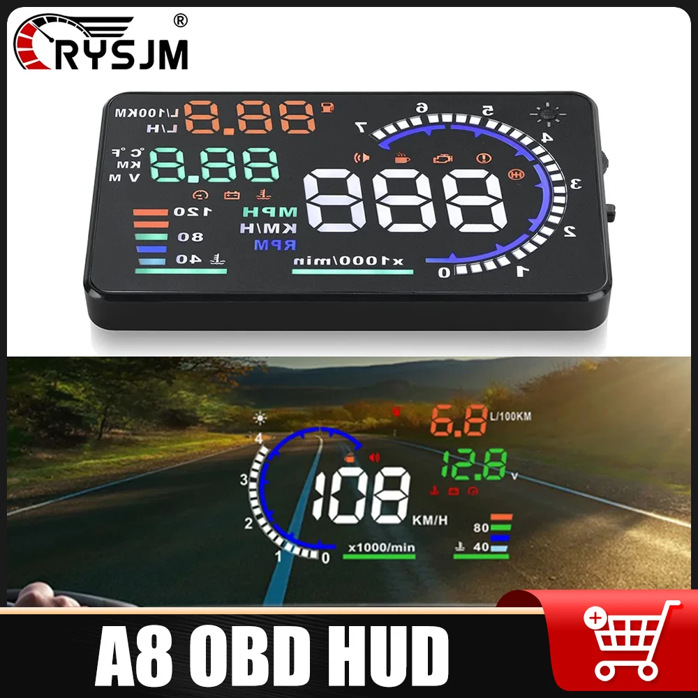 

A8 OBD HUD Car OBD2 Head Up Display Speedometer RPM Water Temperature Voltage Fuel Consumption Windshield Projector With Alarm