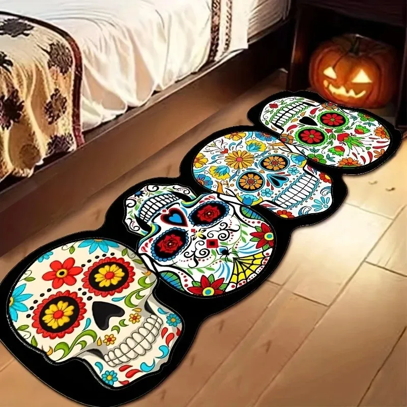 VIKAMA Sugar Skull Runner Rug Colorful Floral Skeleton Non Slip Hallway Mat Gothic Halloween Bedroom Floor Decor