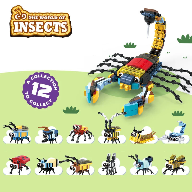 

12IN1 Mini Insects Animal Building Blocks Scorpion Dinosaur Figure Transformation Micro Brick Set Educational Toys For Kids Gift