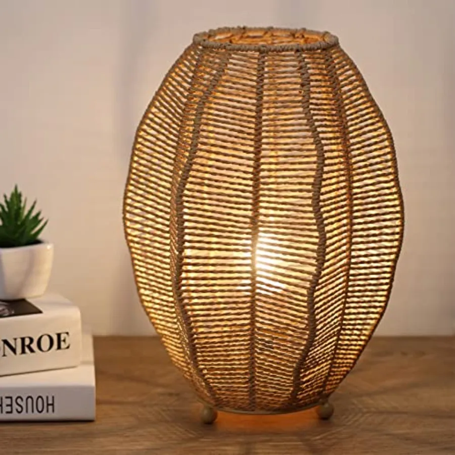 Rattan Woven Side Table Lamp for Bedroom Living Room, Boho Coastal Lamp Farmhouse Nightstand Lamp Tripod Desk Lamps Mid Century