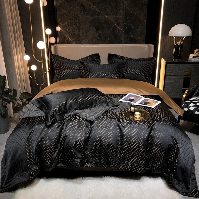 New Luxury Black Gold Yarndyed Jacquard Egyptian Cotton Bedding Set Satin Smooth Duvet Cover Flat/Fitted Sheet Pillowcases 4Pcs