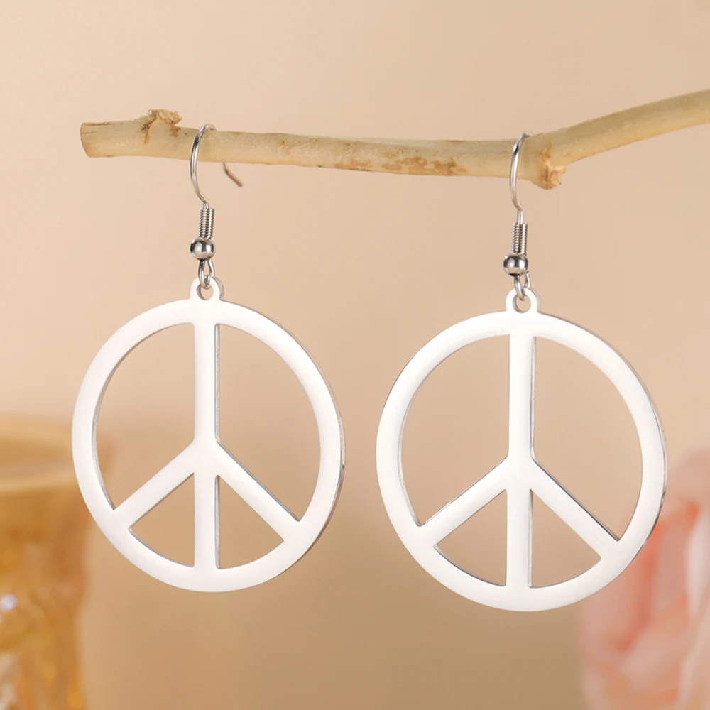 Stainless Steel Peace Sign Symbol Drop Earrings Vintage Amulet Round Geometric Earrings For Women Love Peace Person Jewelry