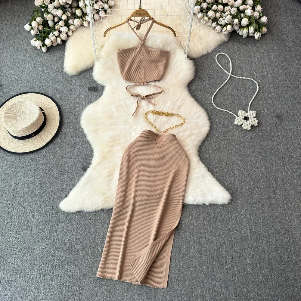 

Women Knitted Two Piece Dresses Sets Skirt Suit Sexy Slim Crop Tops Long Split Skirt Dress Halter Camis With Skirt Fashion New