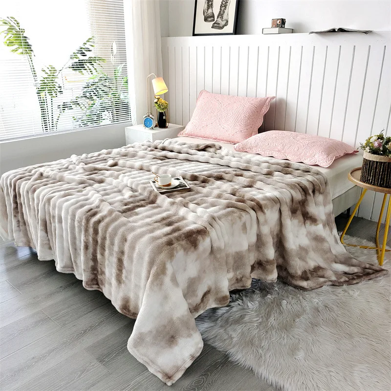 Imitation Rabbit Fur Blanket Milk Velvet Printed Tie-Dye Double-sided Air Conditioning Shawl Ultra-Soft Cozy Winter Warm Blanket