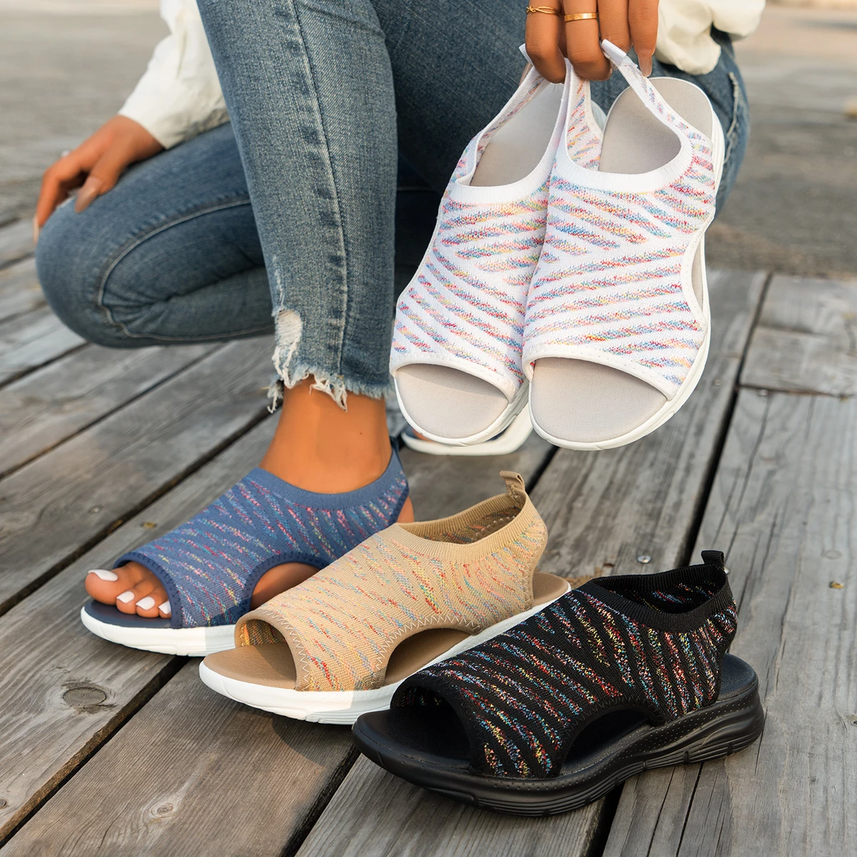 Summer Fashion Women Mixed color knitting mesh breathable Low Heel Wedges Sandals Woman Arch Support Comfortable slippers Size43
