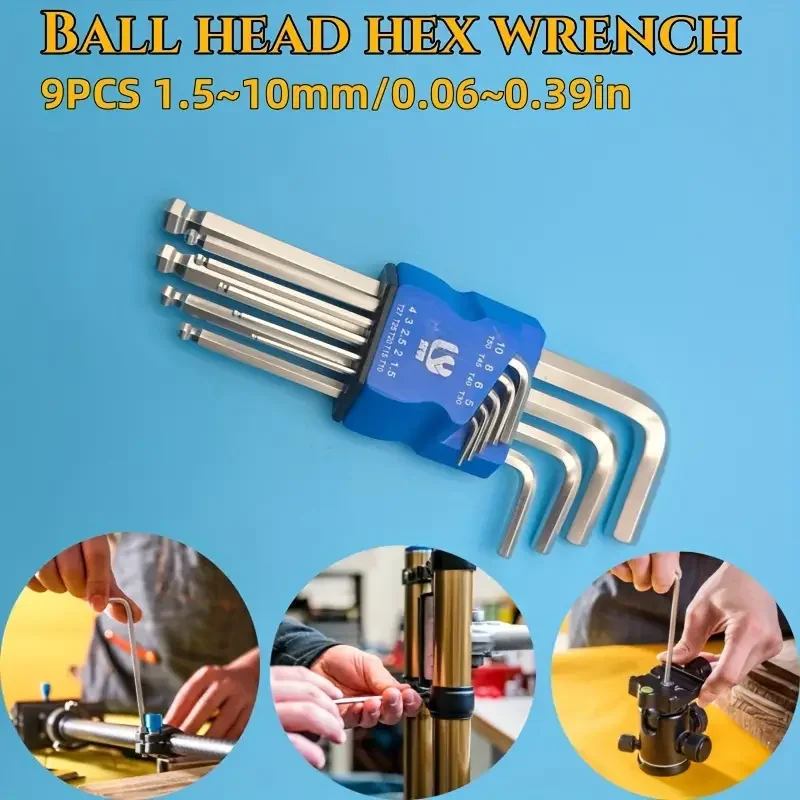 9-Piece Allen Wrench Set with Long Arm Ball Head, High Hardness Hrc-62 Iron Construction, White Uncharged Allen Wrench Tool for