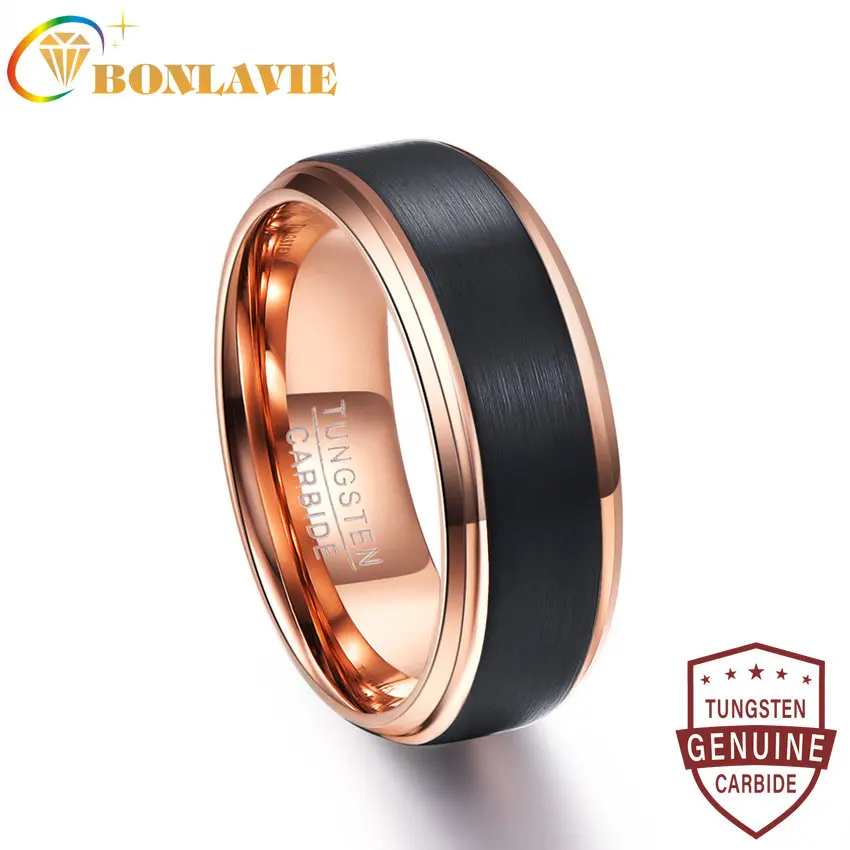 

BONLAVIE Tungsten Carbide Wedding Ring 8mm Men Women Comfort Fit Rose Gold Color Black Brushed Finish Step Bevel Edge Hot Sell