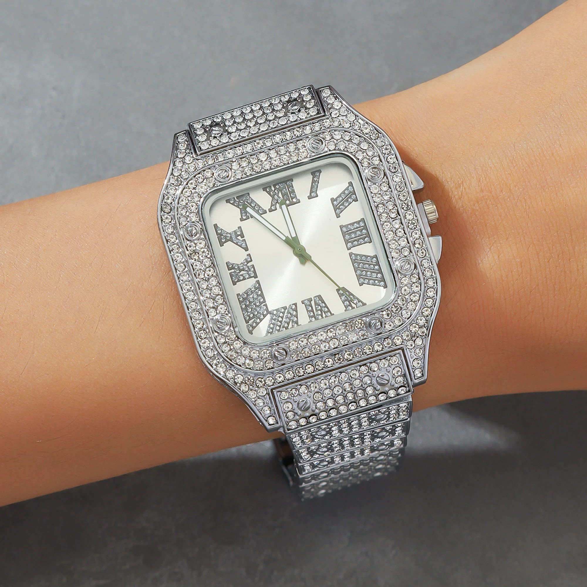 Square fashion trend Hip hop style diamond diamond steel band quartz watch for men and women