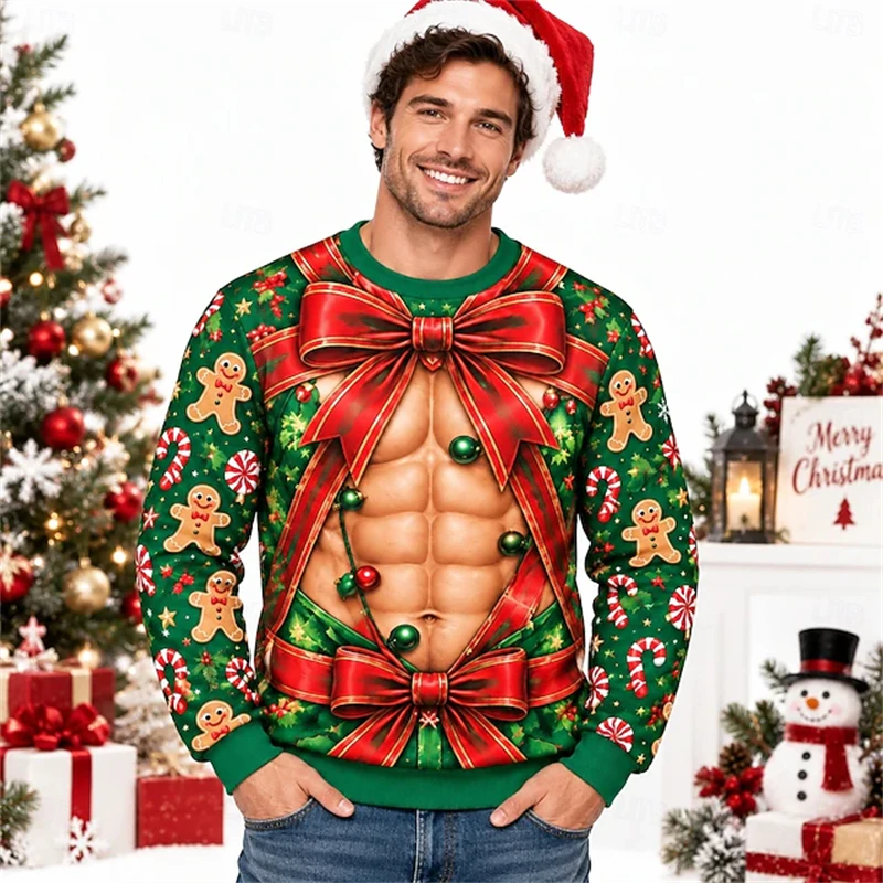 2026 New Men's Novelty Christmas Long-Sleeve Pullover 3D Faux Muscle Festive Print Crew Neck Fun Top for Holiday Parties Cosplay