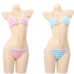 Sexy Lingerie Lolita Kawaii Blue Pink White Striped Bikini Adult Cosplay Erotic Costumes Bra Women Underwear Set
