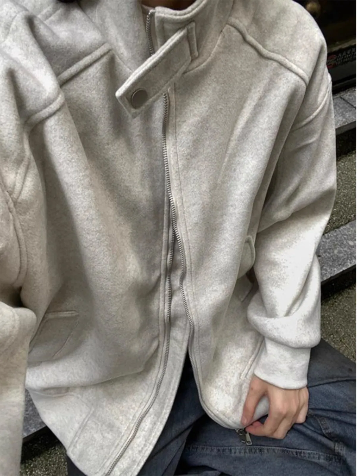 

Retro American Sle Men's Spring Autumn Hoodie Cardigan Jaet Light ey Versatile Spor Outerwear Loose Fit Pure Color