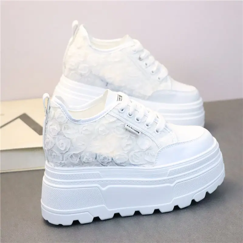 

INS Trendy 12CM Height Lift Petite Women Floral Mesh Sneakers Breathable White All-Match Casual Net Shoes Footwear