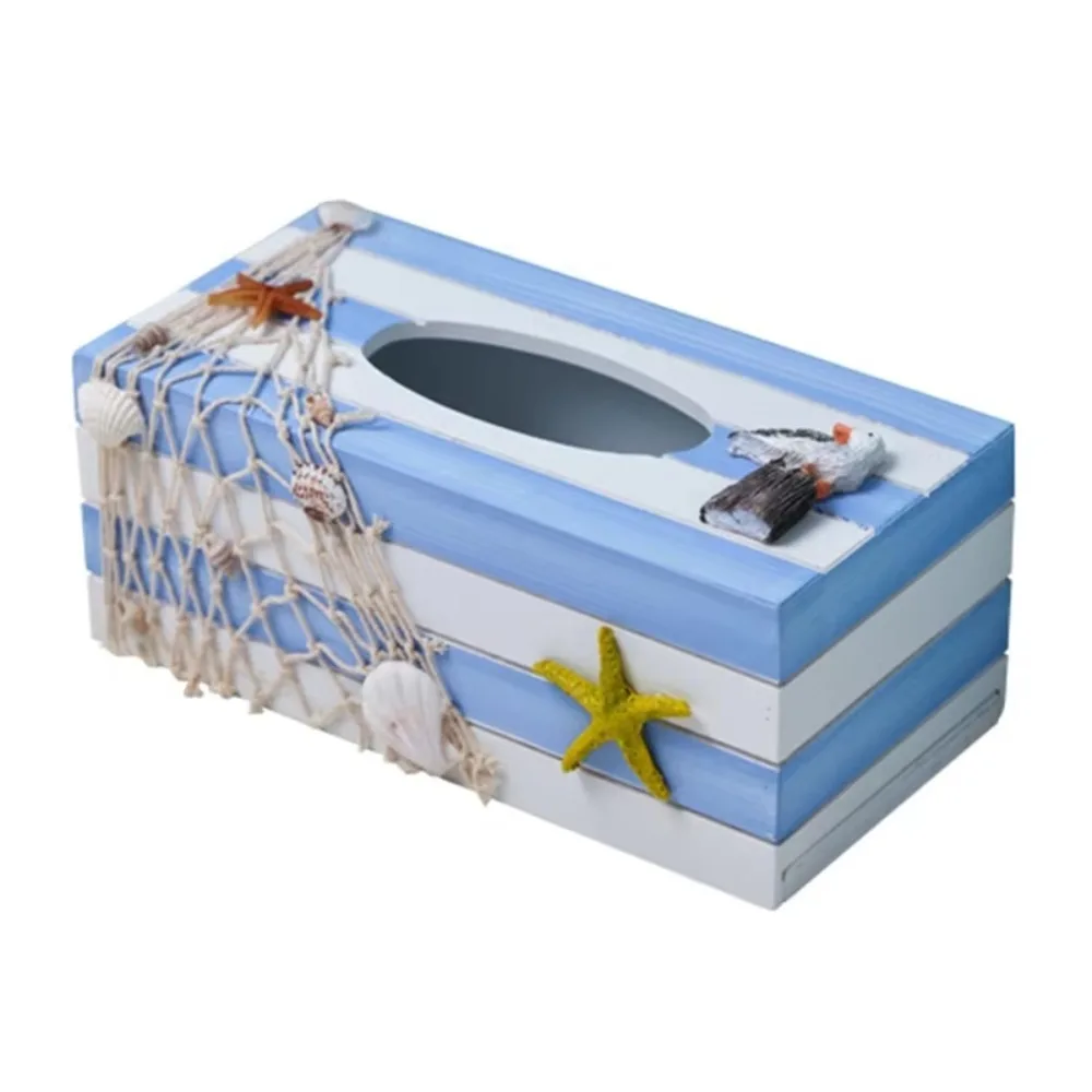 

Creative Mediterranean Style Tissue Storage Box Wooden Decorative Paper Box Ocean Themed Napkin Dispenser Office