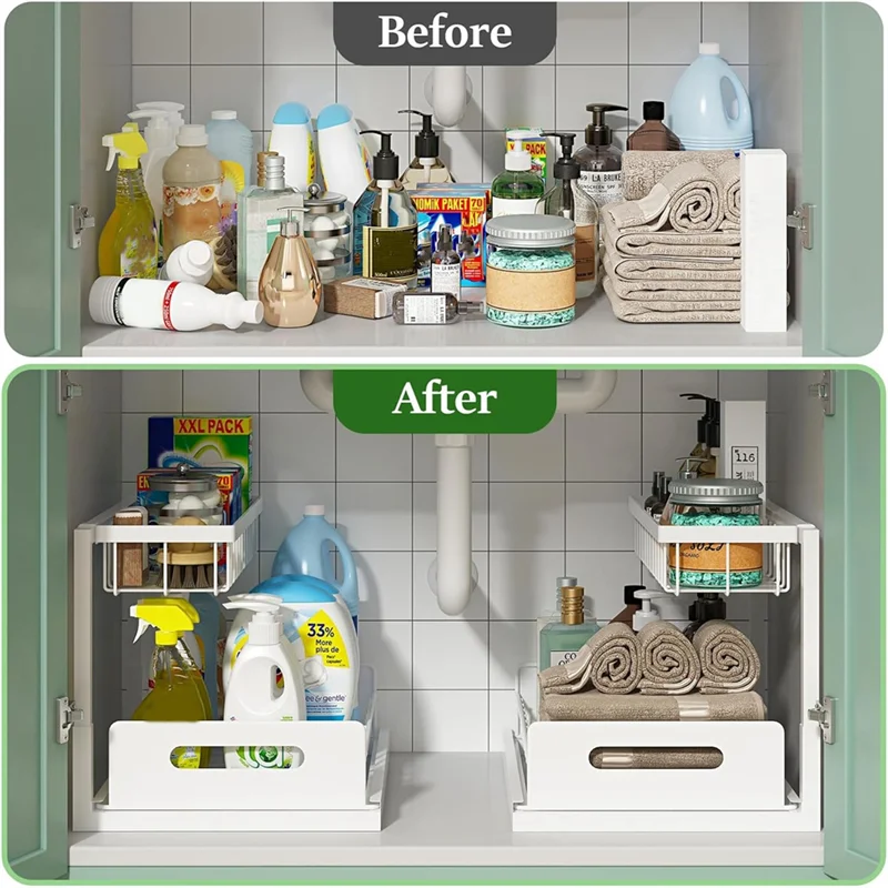 

ABMI-Cabinet Organizer 2 Tier Pull Out Slider Organizers For Kitchen Sink Shelf Storage Shelves For Bathroom Cabinets,