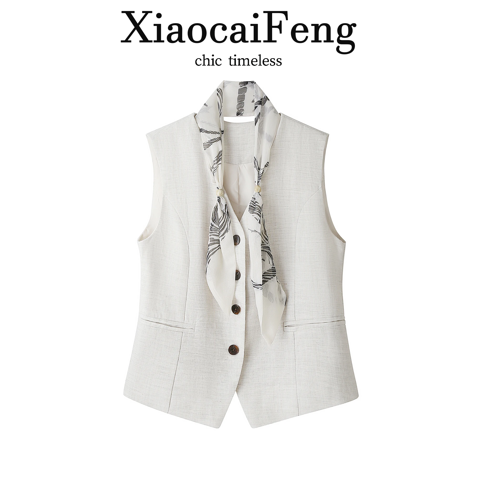 

Elegant Linen V-Neck Jacket Women's Summer Thin Waist-Cinching Sleeveless Vest Moneyed Old Style with Silk Scarf