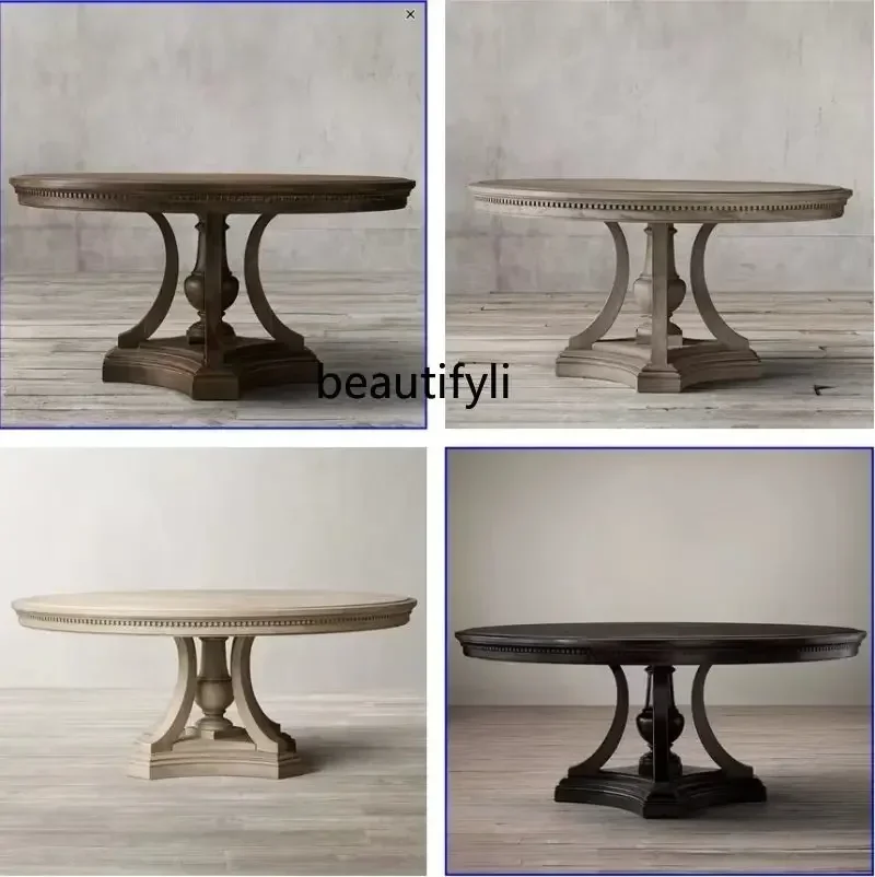 

02 Oak pure solid wood retro round dining table and chairs living room home dining table furniture