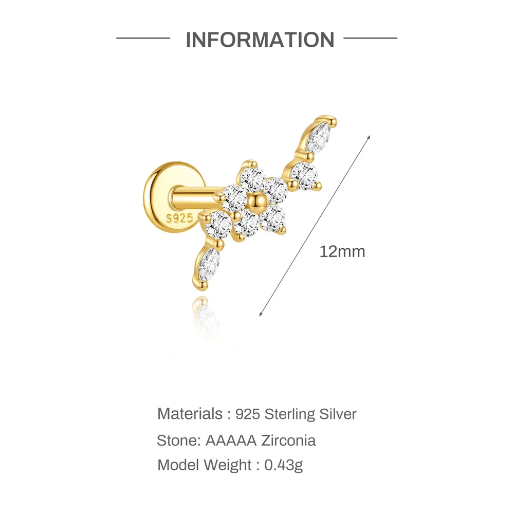 Aide 1PC 925 Sterling Silver Flower Earrings Ins Style All-Match Diamond-Encrusted Small Ear Bone Stud Ladies Jewelry For Girl