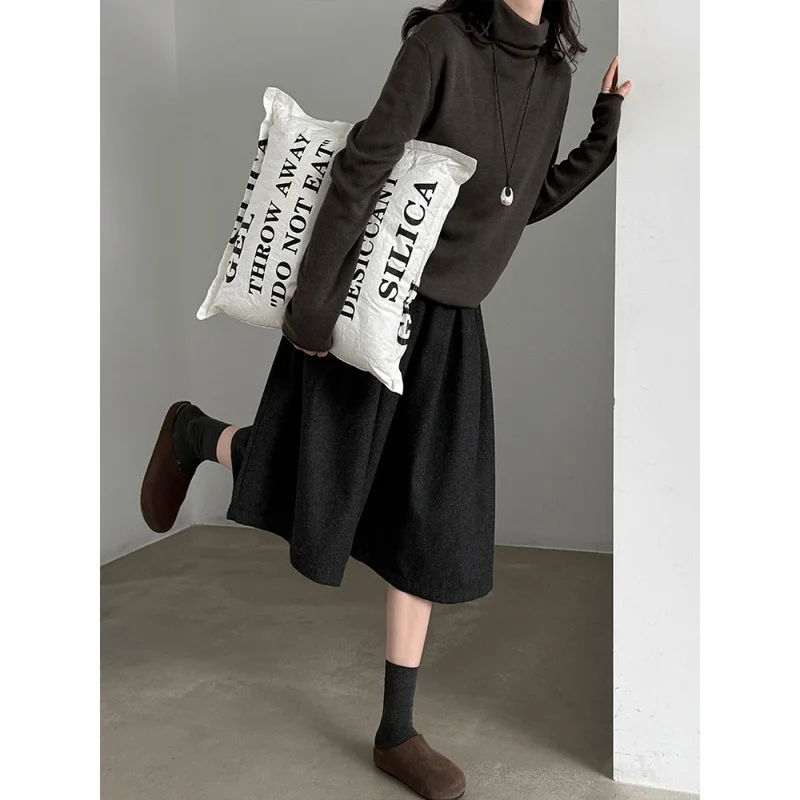 QICHE 2026 Women Korean Wool Blend Gaucho Skort, Elastic Waist A Line 7/8 Length Fall Winter Casual Culottes
