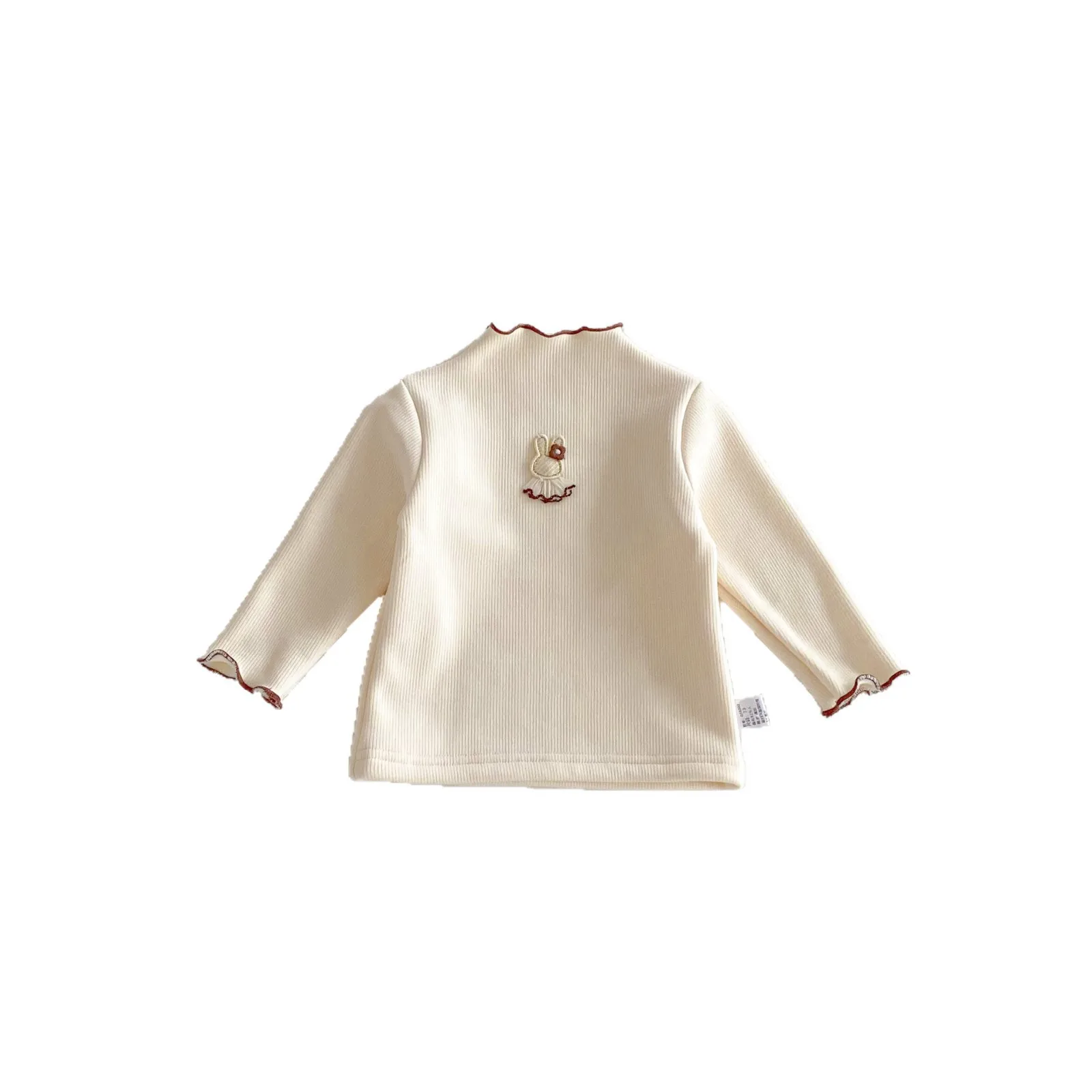 2025, Baby-T-Shirt, langärmelig, Herbst/Winter, Cartoon, kleines Kaninchen, süßes Mädchen, vielseitiger halbhoher Kragen mit Samt für Mädchen