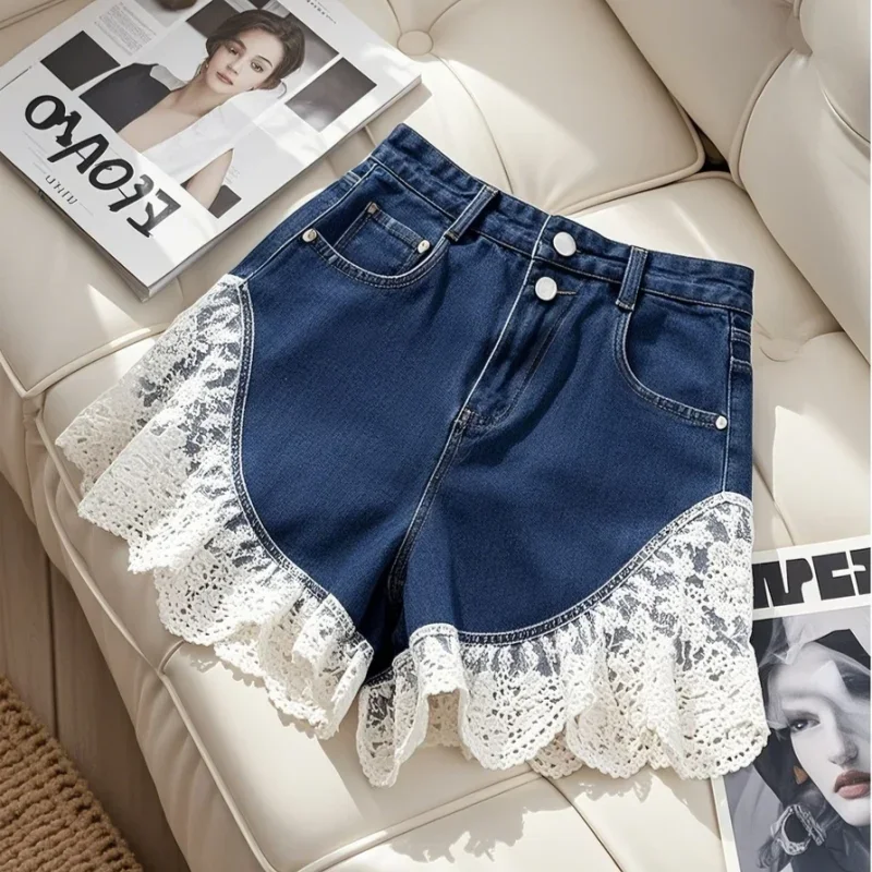 Zomer Hoge Taille Jeans Korte Dubbele Zakken Kant Patchwork Denim Broek Vrouwen Losse Wijde Pijpen Cowboy Shorts Nieuwe 304A