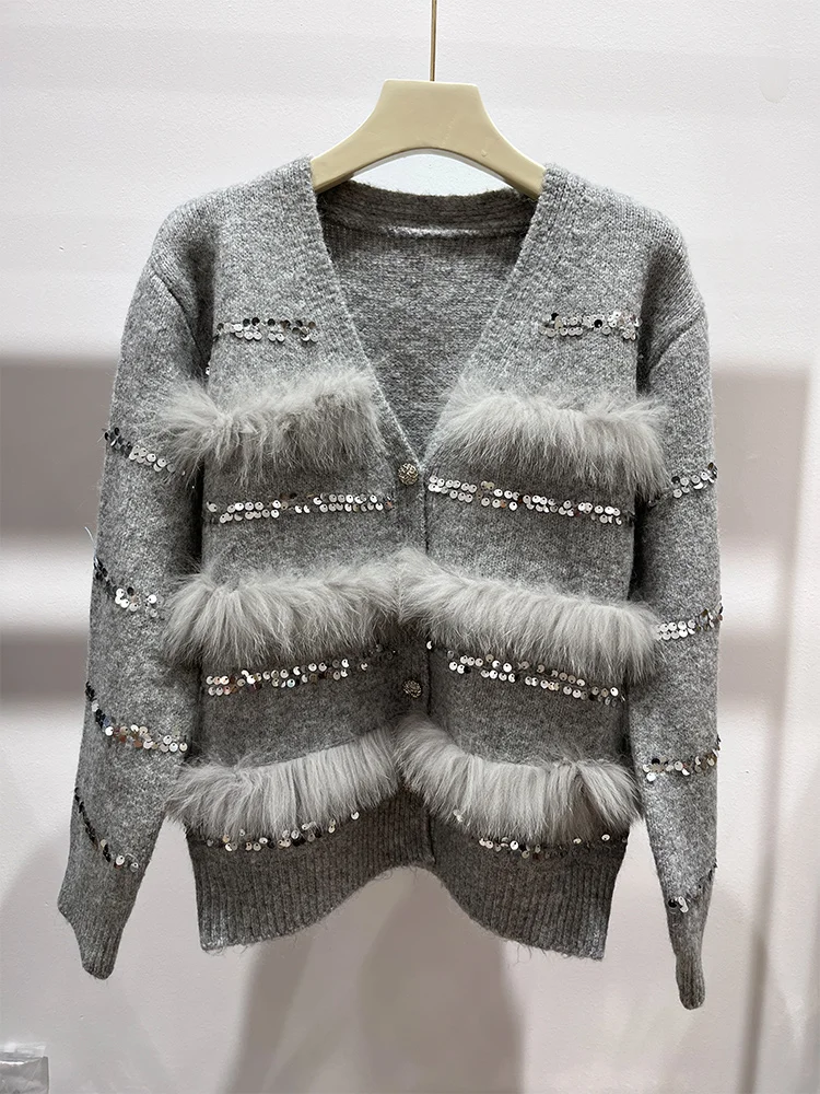 2025 여성 봄 가을 여성 패션 천연 리얼 폭스 퍼 니트 가디건 오버사이즈 코트 폭스 퍼 장식 스웨터