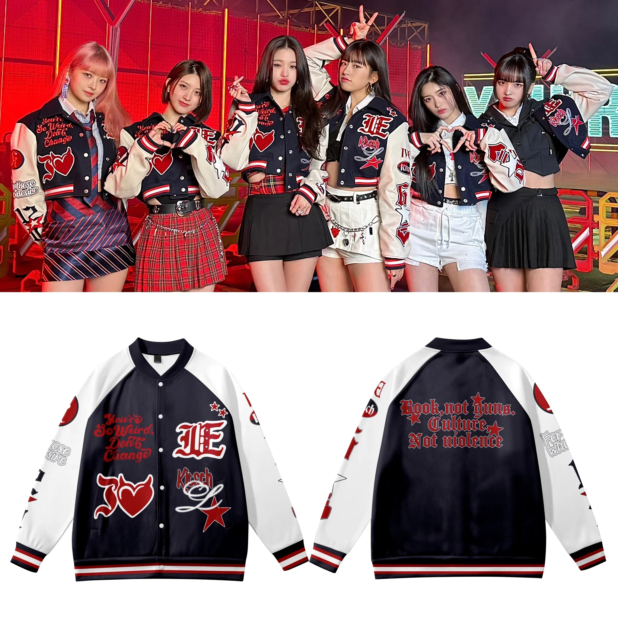 Kpop IVE Kitsch เสื้อแจ็กเก็ตทิ้งระเบิด jaket baseball อัลบั้ม Yujin gaeul wonyoung Liz Rei leeseo ชุดเบสบอล