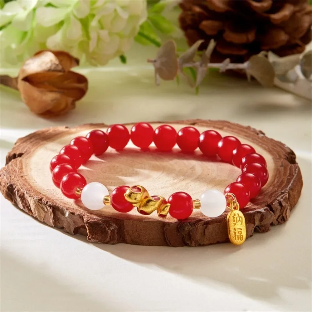 Cute Chinese Style Zodiac Snake Bracelet Elastic New Year Beaded Bracelets Golden Good Luck Fortune Bracelet Friendship