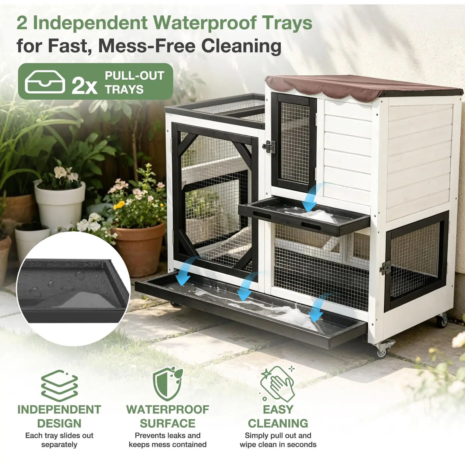 Large Rabbit Hutch Outdoor, 2-Tier Bunny Hutch with Wheels and Waterproof Roof, Wooden Guinea Pig Cage with Leak-Proof