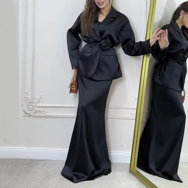 

European and American Autumn and Winter Women's Elegant Solid Color Satin Waist Suit Skirt Two-piece Suit