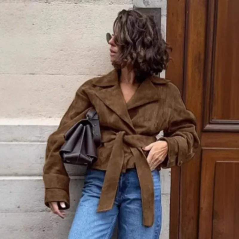 

Retro Suede Coats Women Turn-down Collar Brown Outerwears Belt Office Double Breasted Fashion Jackets 2025 New Autumn Winter