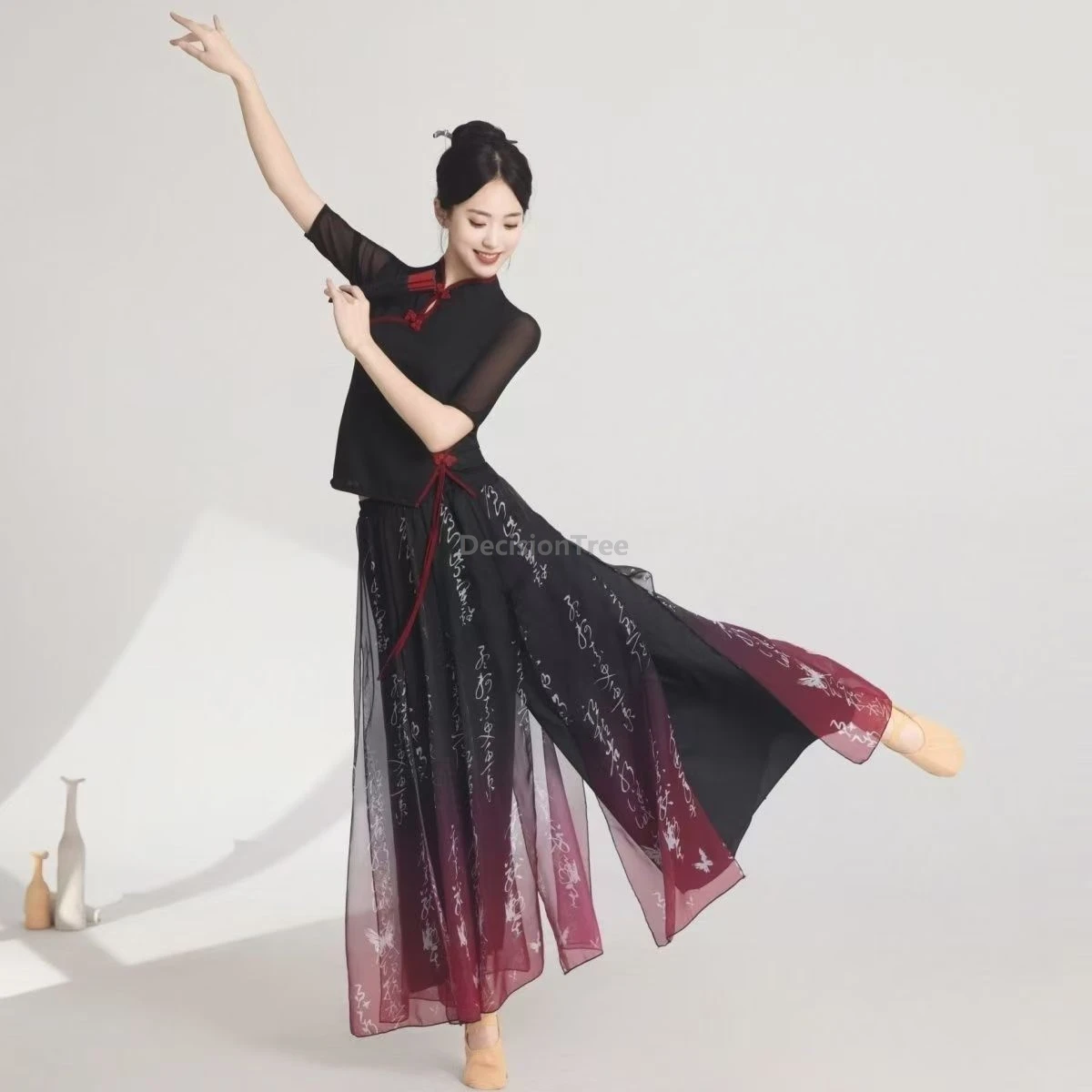 

2025 chinese dancing improved qipao 2-piece set temperament slim fitting qipao top literature art classical printed skirt pants