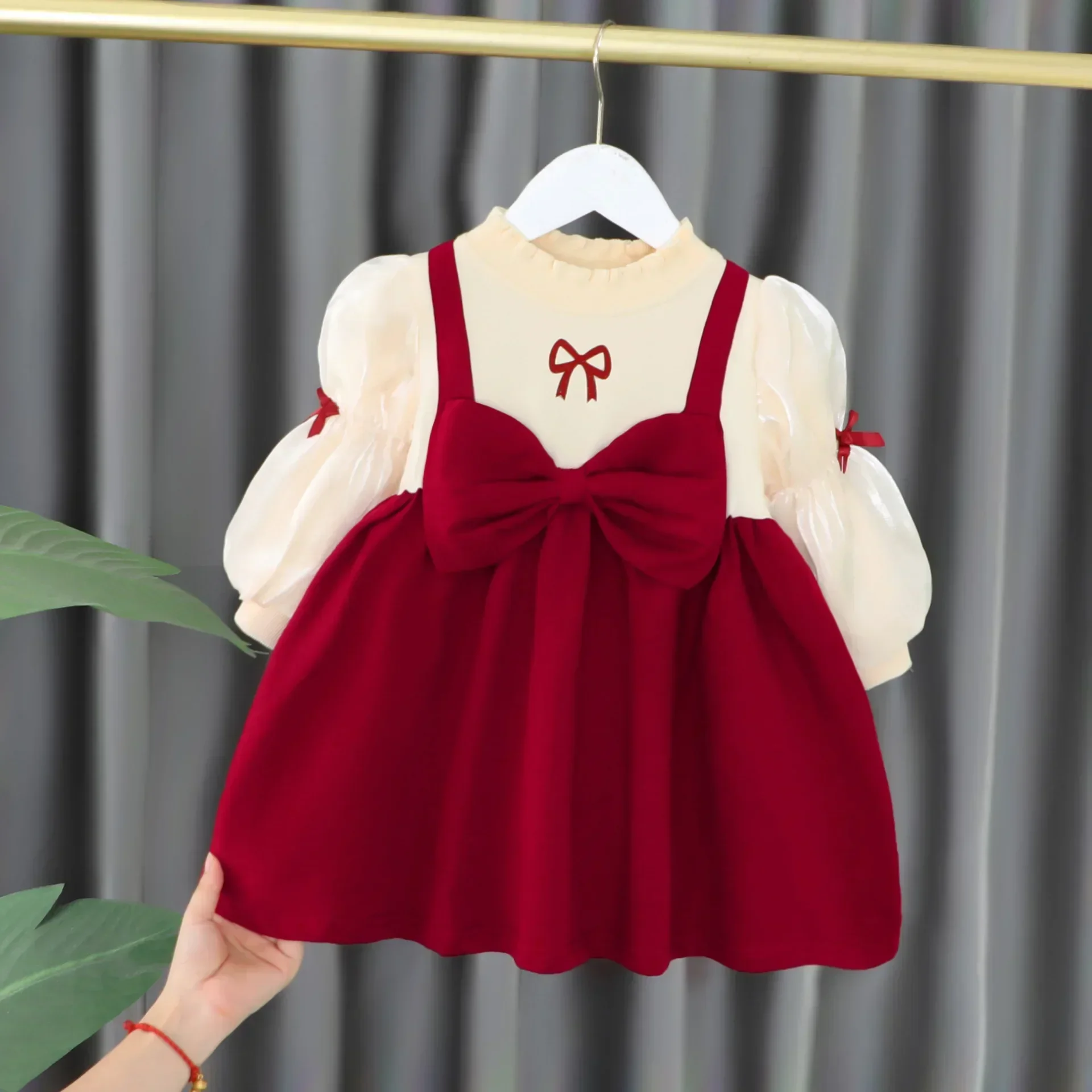 Baby Girls Dress Red Bowknot Christmas Dress Red New Year Cute Kids Toddler Clothes Autumn Winter Princess Plush Kids Dress