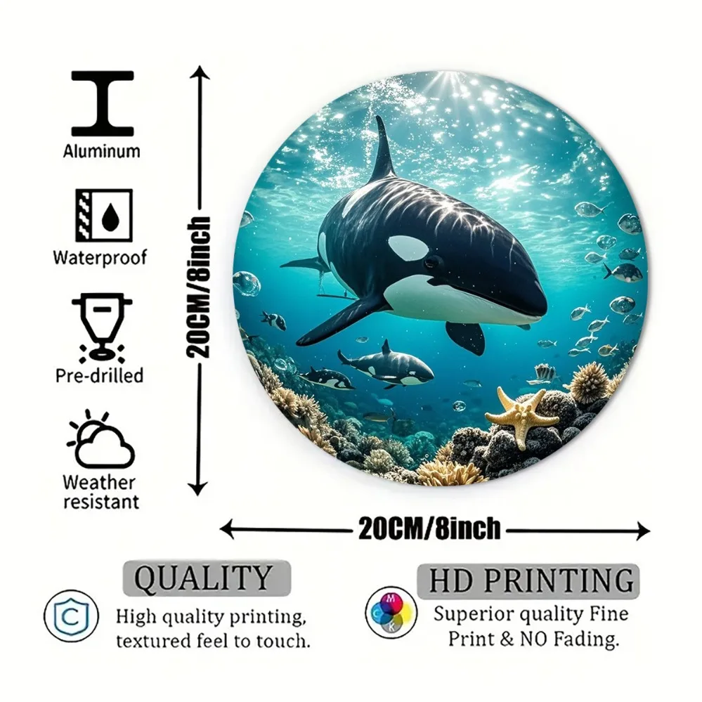2D Metal Sign, Killer Whale & Fish Ocean Vintage Wall Decor, 8x8in Metal Sign for Room