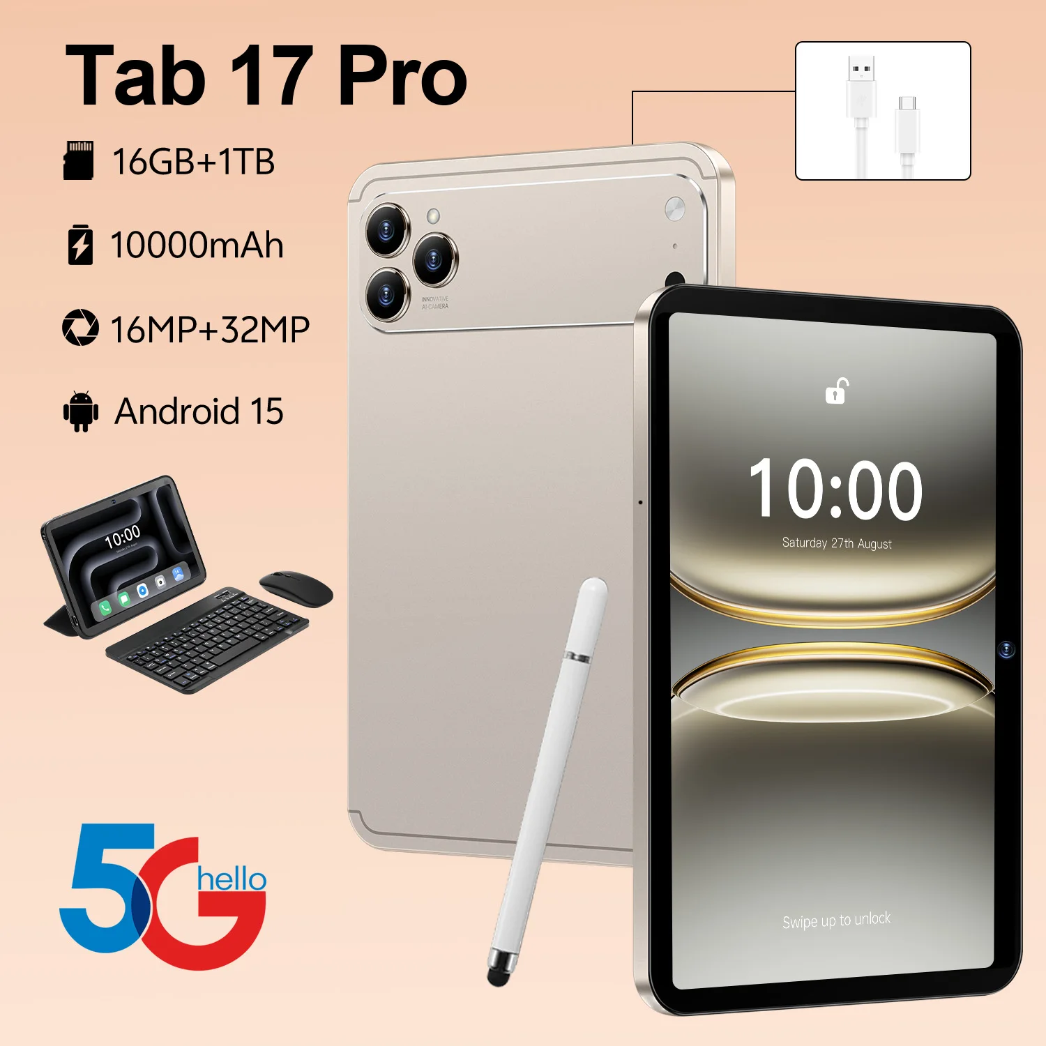 

Новый Оригинальный Планшет Tab 17 Pro 2026 года, 10.1 дюйма HD 4K, Android 15, 16 ГБ+1 ТБ, 10000 мАч, 5G, Dual SIM, WiFi, GPS, Глобальная версия, Горячая новинка