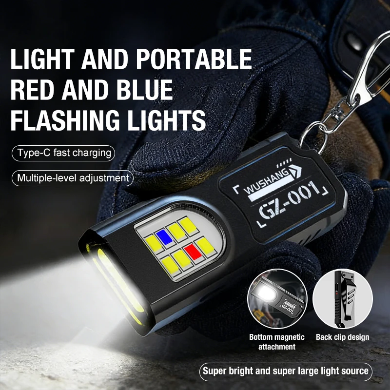 

Outdoor multifunctional red and blue warning flashlight cap clip light portable keychain light with back clip tail magnetic flas