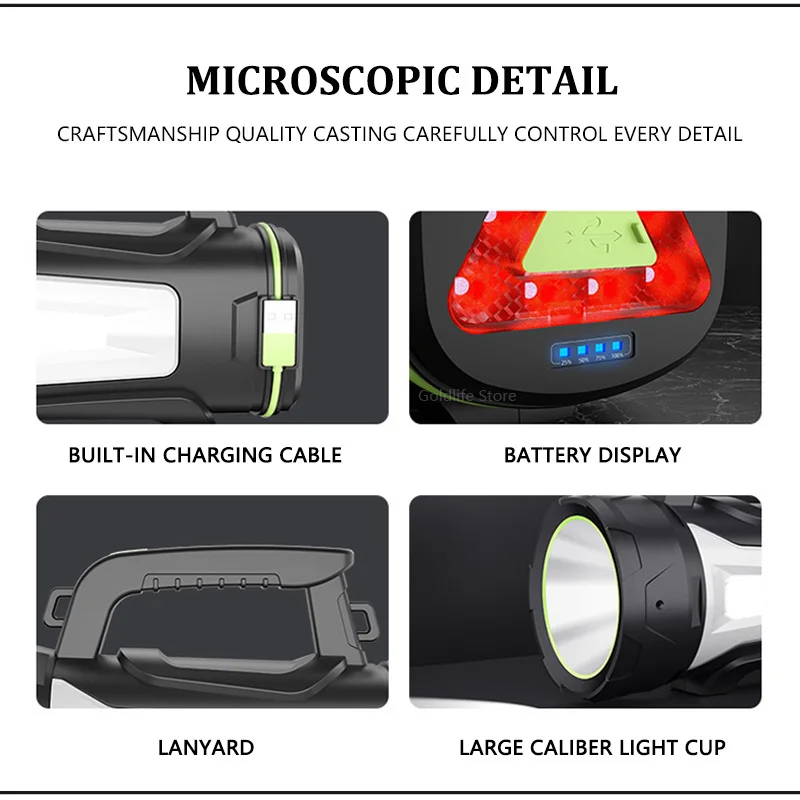 Powerful Rechargeable Searchlight LED Flashlight IPX6 Waterproof With Tail Light Bright Handle Spotlight For Camping Searching