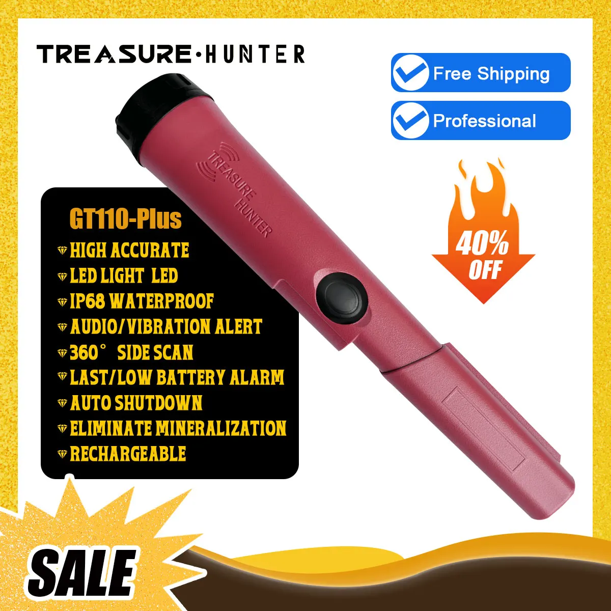 Treasure Hunter GT110-Plus Pinponter Handheld Metal Detector Pointer Probe Gold Coin Detector Pinpointing Waterproof Sensitivity